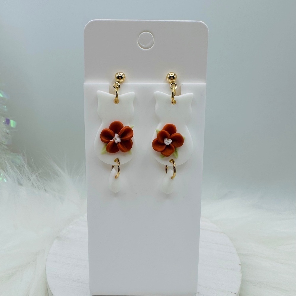 Cute White Cat Polymer Clay Dangle Earrings